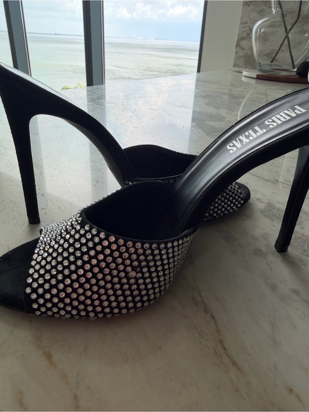 Paris Texas Black Crystal-Studded Stiletto Mules